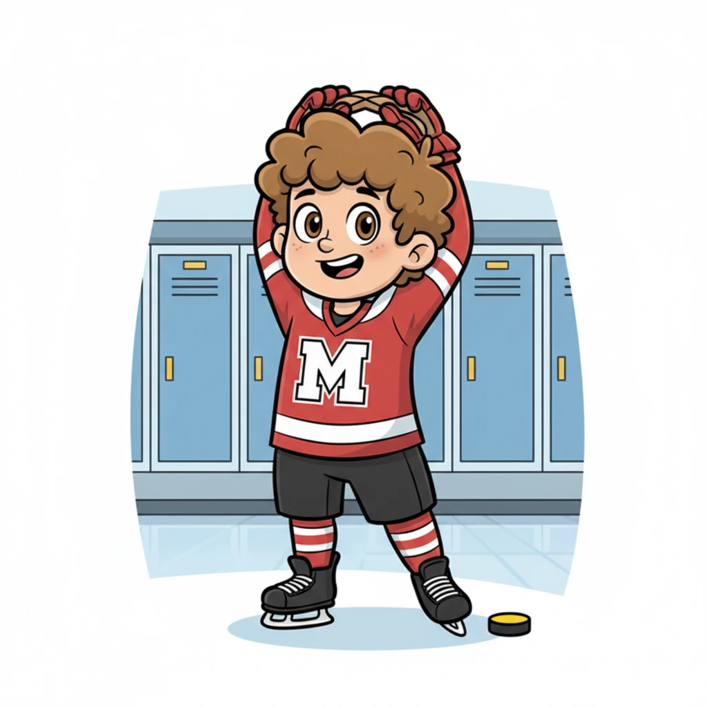 Casper sträcker på sig i sin röda och svarta MHC-tröja. På bröstet syns ett stort M, lagets stolta symbol som visar deras enhet. Tillsammans är de ett starkt och sammansvetsat team.