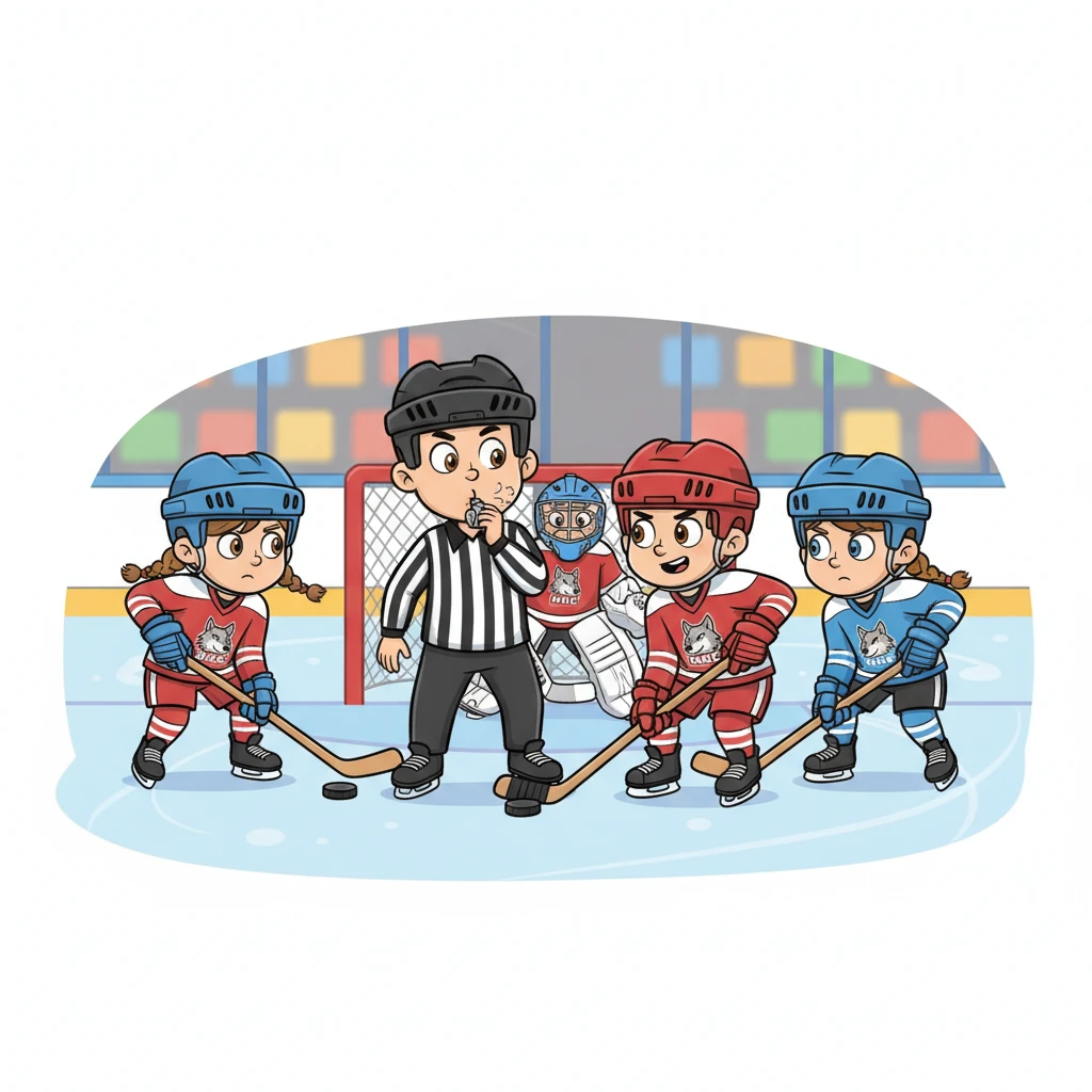 Domaren blåser i visslan, och spelet börjar! Tre utespelare, inklusive Casper, och en vakt står redo på isen. Alla är fokuserade och redo att kämpa för varje puck.