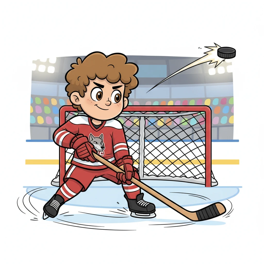 Casper får tag i den lilla svarta pucken. Han ser målet framför sig, tar sats och skjuter ett kraftfullt skott. Pucken flyger iväg som en raket mot nätet!