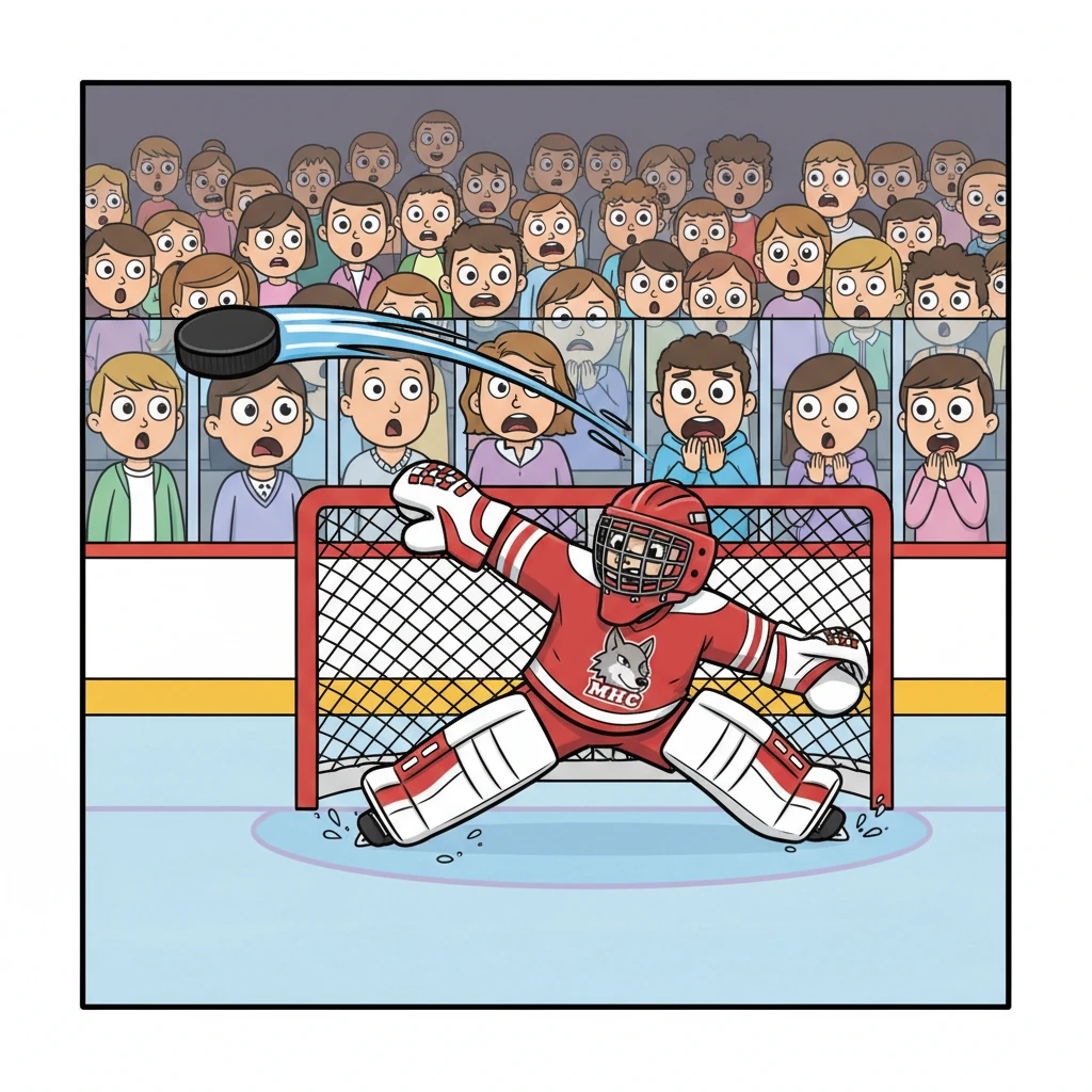 Målvakten sträcker sig, men pucken är för snabb. Den swishar förbi hans handske med otrolig fart. Alla i publiken håller andan i spänning.