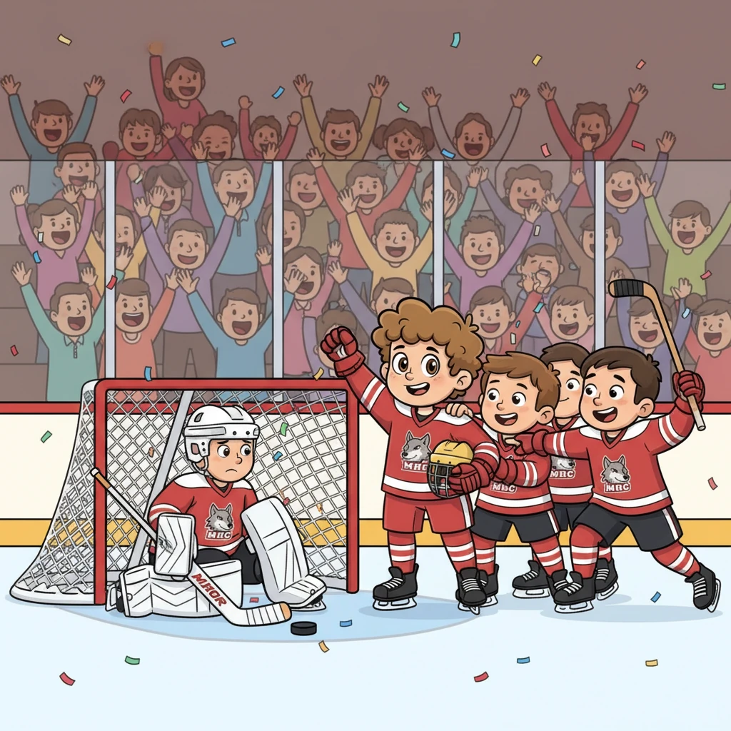 Med ett dovt ljud smäller pucken in i målet! Det är ett mål! Jubel utbryter från läktaren och Caspers lagkamrater rusar fram för att gratulera honom.