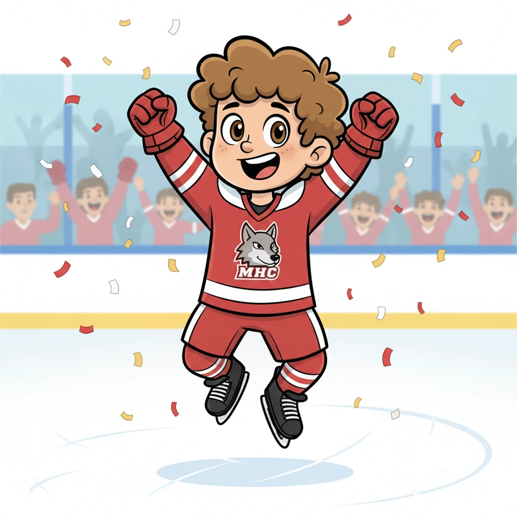 MHC har vunnit matchen! Casper lyfter armarna i ett glädjerus och ler stort. Han är så stolt över sitt lag och sin insats, en riktig hjälte på isen.