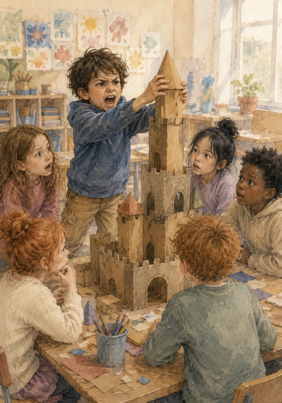 In a bright classroom filled with the scent of crayons, Federico sits with his group as they begin to build a grand cardboard castle. While the others whisper and plan, Federico feels a nervous energy buzzing in his chest, making it hard to sit still. He suddenly reaches out and grabs the tallest tower, shouting that he is the king of the construction.