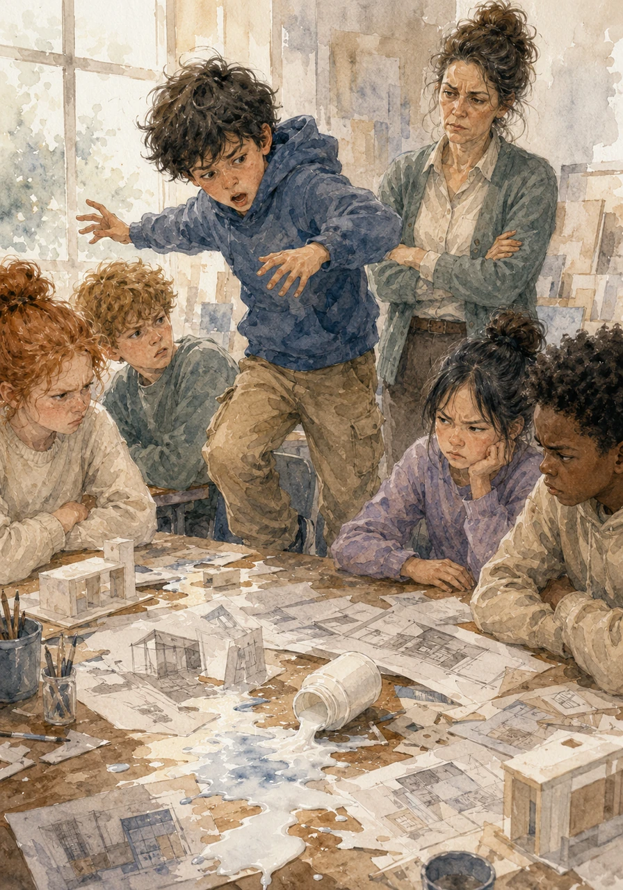 As his classmates discuss where the drawbridge should go, Federico jumps up and interrupts, his voice drowning out their ideas. He moves around the table constantly, accidentally knocking over a pot of glue that spills across their careful sketches. The other children look at each other with furrowed brows, their excitement turning into quiet frustration.