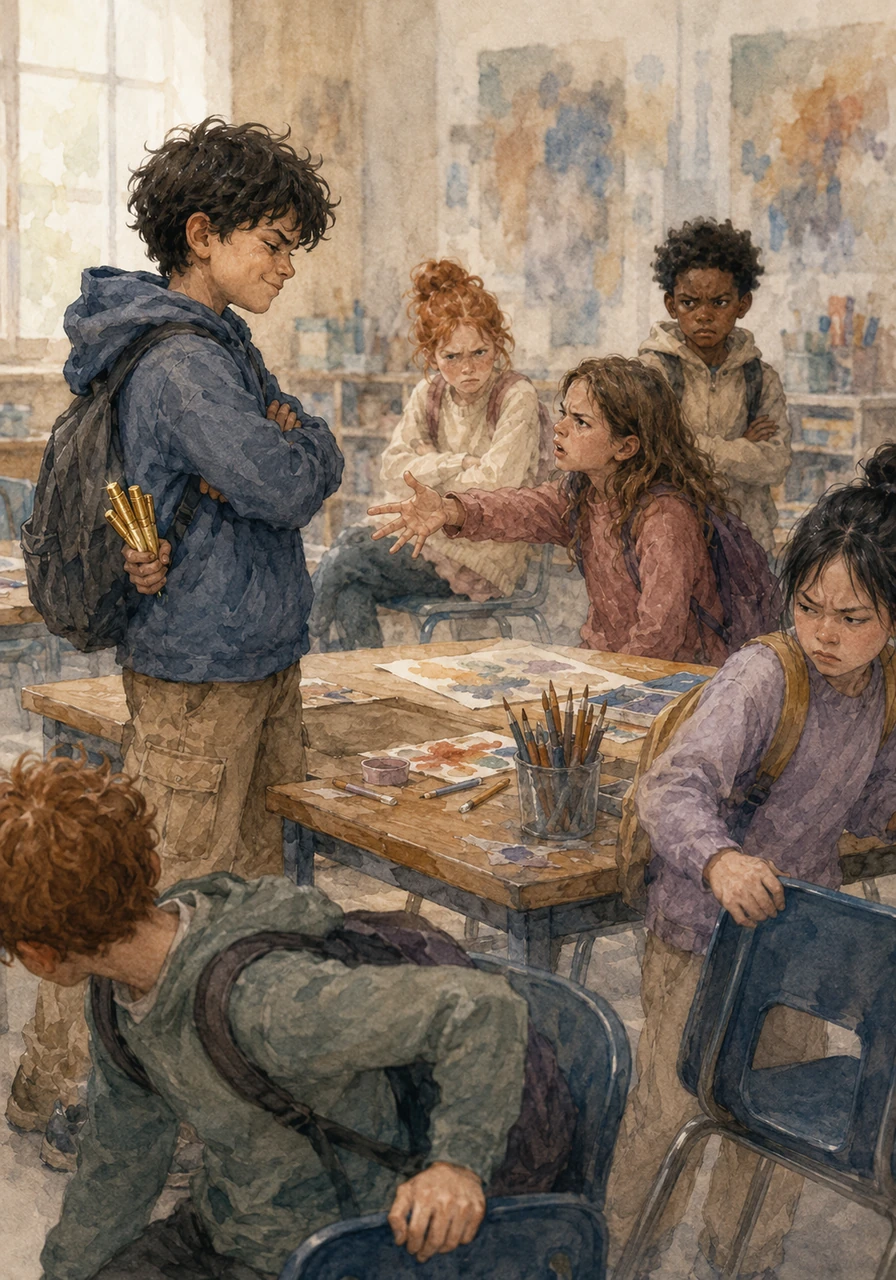 Federico snatches the golden markers from the center of the table without asking, hiding them behind his back with a defiant smirk. When a teammate asks for them back, he crosses his arms and says it doesn't matter because the project is boring anyway. Inside, however, he feels a sharp pang of worry as he sees his friends moving their chairs further away from him.