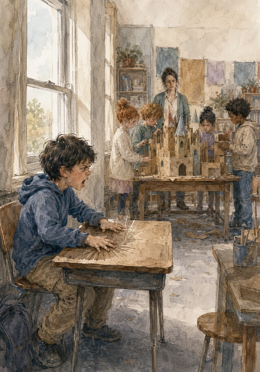The teacher gently asks Federico to take a break from the group since the tension has become too high for them to work. He sits at a small desk by the window, watching the others continue their castle from a distance. Instead of opening a book, he starts making loud tapping noises and humming, trying desperately to make his classmates look back at him.