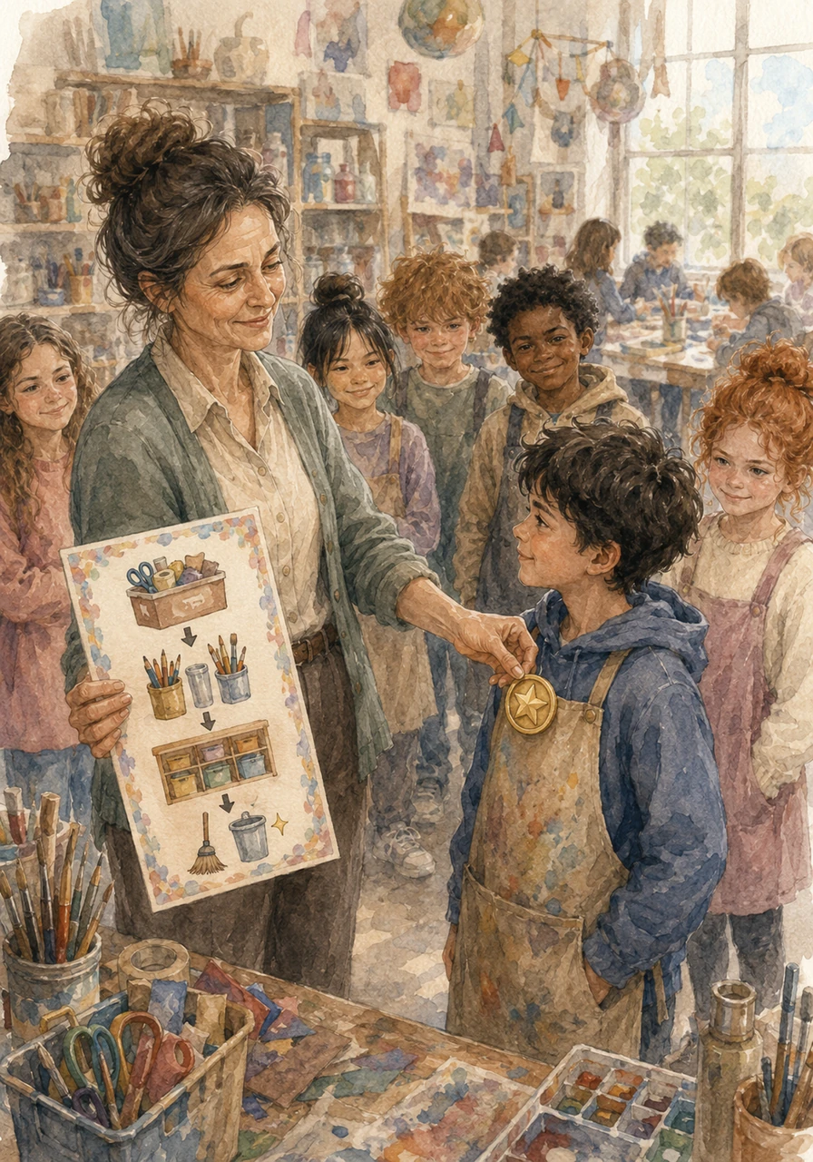 The teacher approaches Federico with a kind smile and a special golden badge that says 'Master of Materials.' She explains that every great project needs someone to manage the supplies and ensure everyone has what they need at the right time. She offers him a clear set of steps on a colorful card to help him know exactly what to do.