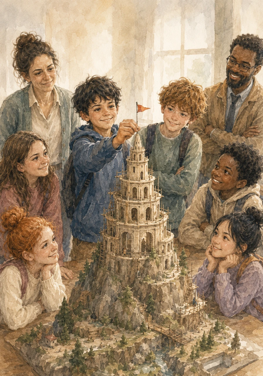The group starts to notice the change, and the tension in the air begins to melt away like morning mist. When Federico suggests adding a small flag to the highest tower, the others listen and agree that it's a wonderful idea. For the first time, Federico feels like a vital piece of a puzzle rather than a storm cloud over the table.