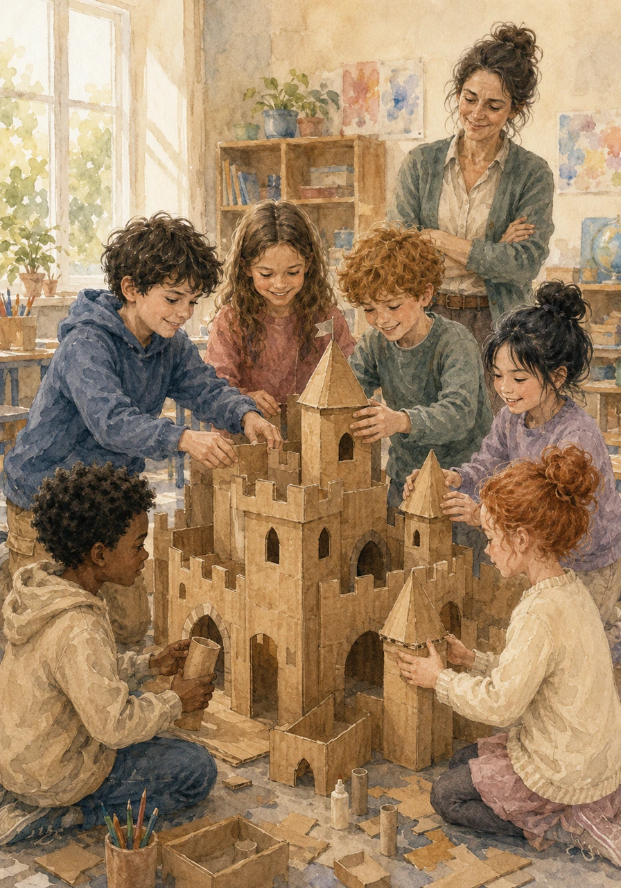 By working together, the cardboard castle becomes more magnificent than any of them could have built alone. Federico experiences the quiet joy of shared success, realizing that following the rules and taking turns actually makes the game more fun. He no longer feels the need to shout to be seen; his hands and his help speak for him.