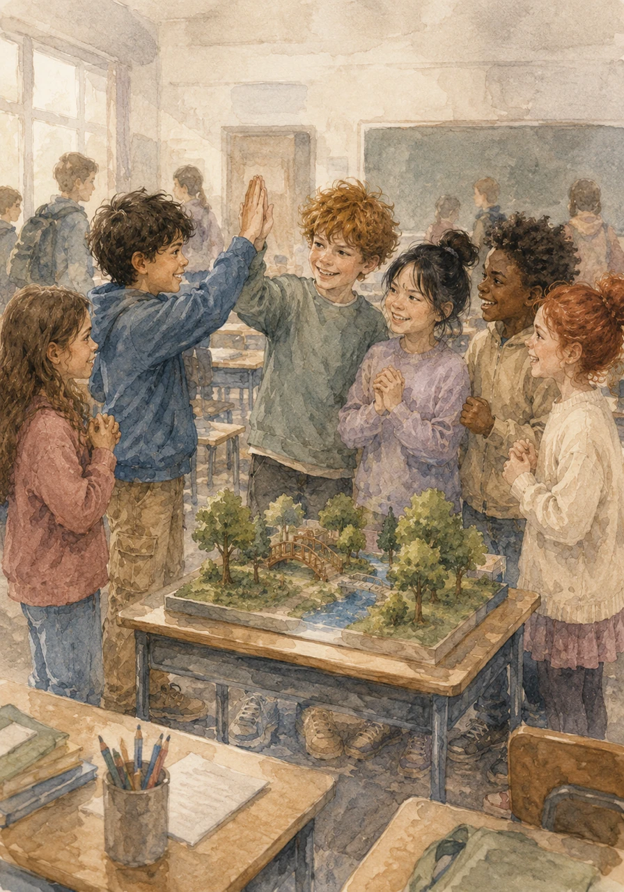 As the school bell rings, the group stands proudly around their masterpiece, and Federico high-fives his teammates. He has learned that friendship isn't about who is in charge, but about how well you hold the pieces together for one another. He leaves the classroom with a light heart, knowing he truly belongs.