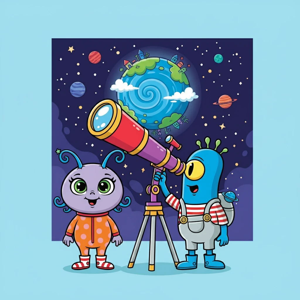 Um dia, Lili e Toto apontaram seu telescópio para um planeta distante. Era um lugar lindo, azul e verde, cheio de vida. Eles ficaram maravilhados com a beleza do Planeta Azul, como decidiram chamá-lo.