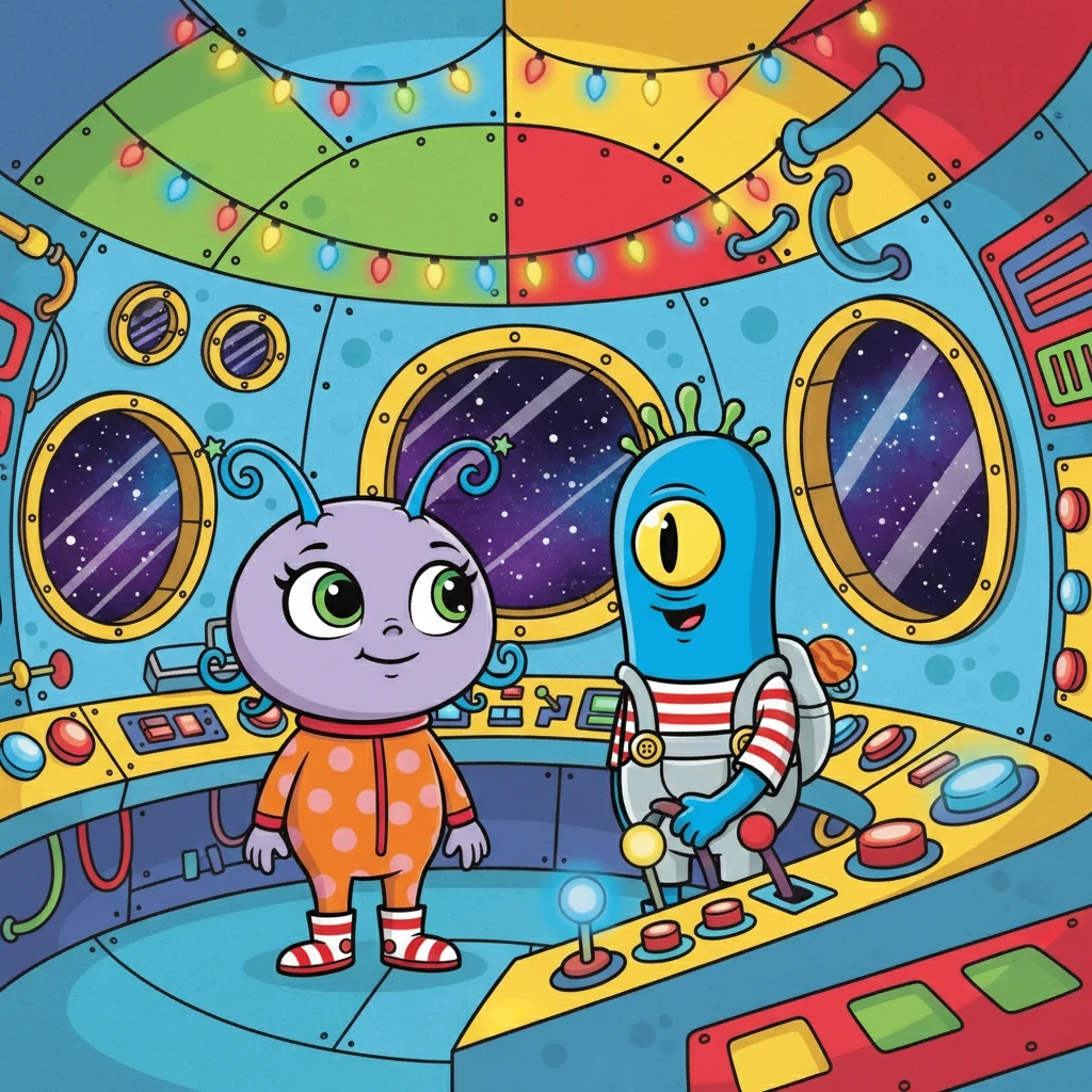 Cheios de curiosidade, Lili e Toto entraram na nave espacial Pisca-Pisca. A nave era toda colorida e piscava luzes enquanto se preparavam para a viagem. Eles estavam ansiosos para conhecer o Planeta Azul.
