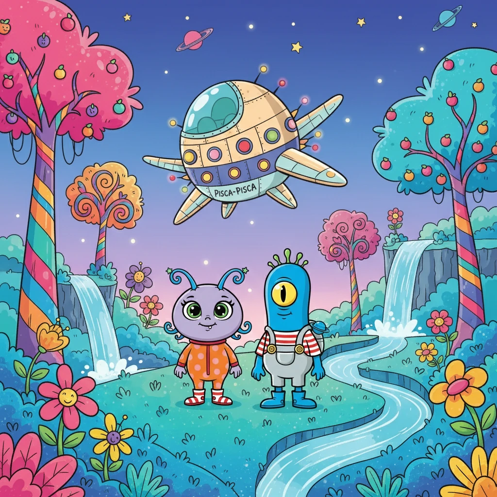 A nave Pisca-Pisca voou pelo espaço e pousou no Planeta Azul. Ao descerem, Lili e Toto ficaram encantados com as árvores, as flores e os rios. Era um lugar mágico, cheio de cores e sons.