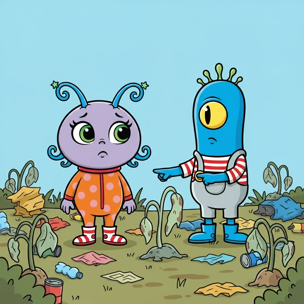 Enquanto exploravam, Lili e Toto perceberam que nem tudo era perfeito. Viram lixo jogado no chão, e algumas plantas pareciam tristes. Eles ficaram preocupados com a situação.