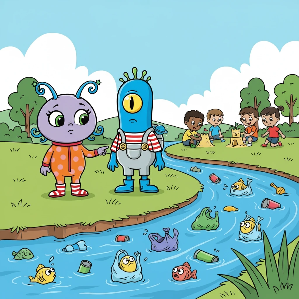 Lili e Toto encontraram crianças brincando perto de um rio. Eles perceberam que os peixinhos não conseguiam nadar direito por causa do lixo na água. Eles decidiram que precisavam ajudar.