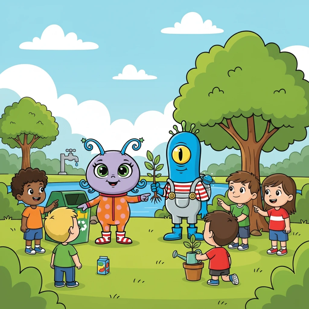 Com muita paciência e alegria, Lili e Toto ensinaram as crianças a jogar o lixo no lugar certo. Explicaram a importância de cuidar das árvores e economizar água. As crianças ficaram muito interessadas.