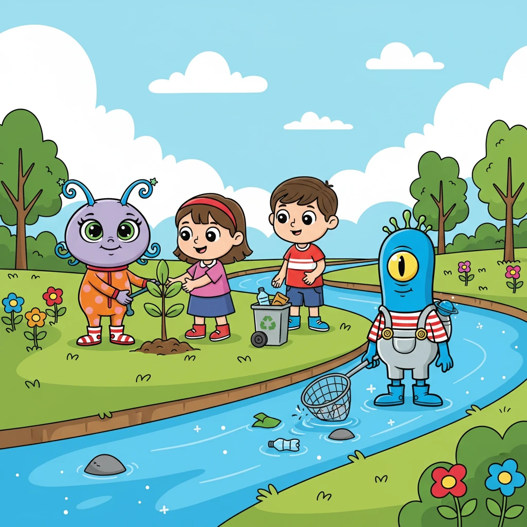 As crianças aprenderam a importância de cuidar do planeta. Elas prometeram ajudar Lili e Toto a manter o Planeta Azul limpo e bonito. Juntos, eles plantaram árvores e limparam o rio.