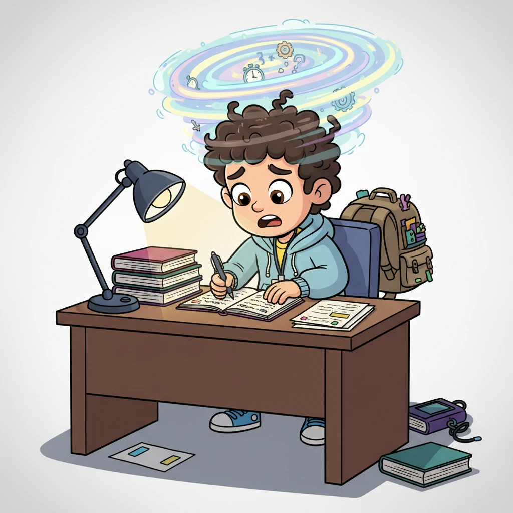 Evan, a grad student with a perfectly color-coded backpack, feels a whirlwind of stress spinning inside him. He's hunched over his desk late at night, rewriting notes, his expressive eyes wide with quiet worry, wondering if everyone else understands things faster. Even his meticulously polished papers, aided by AI, can't quiet the tiny, persistent fear of not being good enough.