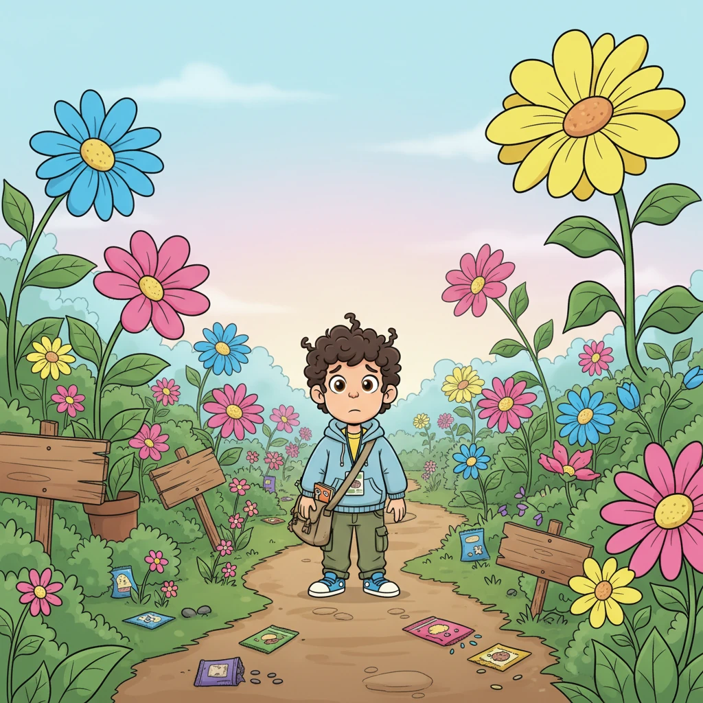 Evan steps into the dream garden, his cartoonishly wide eyes scanning the disarray. He sees open seed packets, unevenly blooming flowers, and labels like "Draft #3" and "Imperfect Lab Performance" stuck crookedly in the soil. A knot forms in his stomach; his first instinct is to immediately fix, prune, and organize every single thing to make it look perfect.