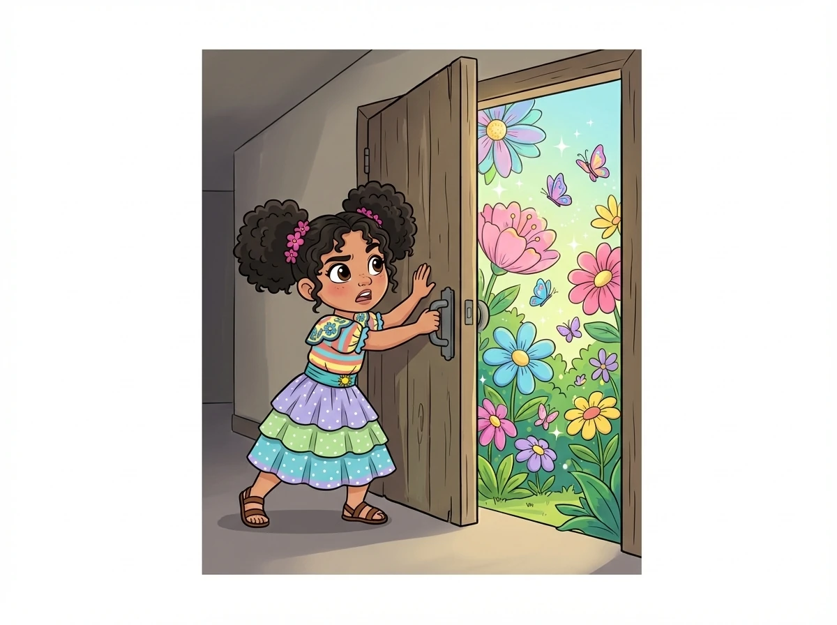 Con mucho esfuerzo, Sofía logró abrir la puerta. Al otro lado, descubrió un jardín secreto, lleno de flores de colores y mariposas brillantes.