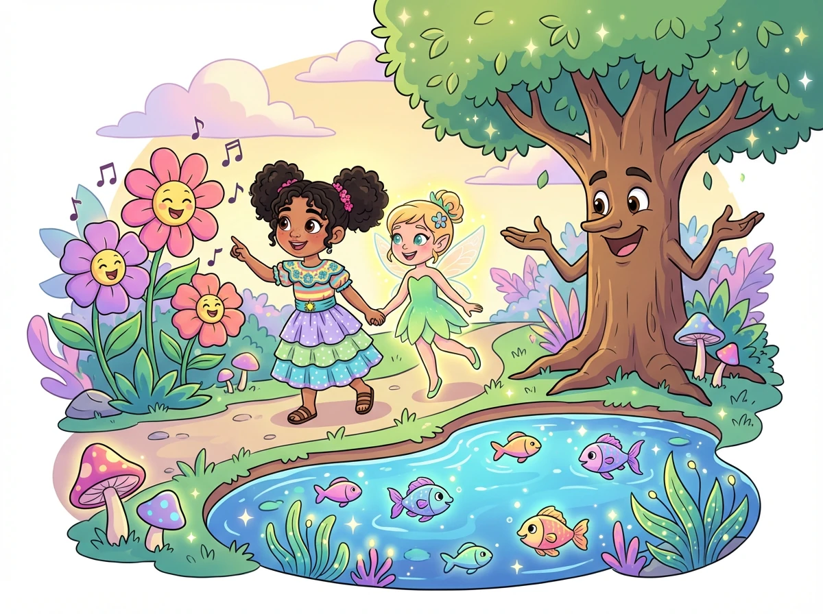 Lila le mostró a Sofía los secretos del jardín: flores que cantaban, árboles que contaban historias y un estanque mágico donde vivían peces de colores.