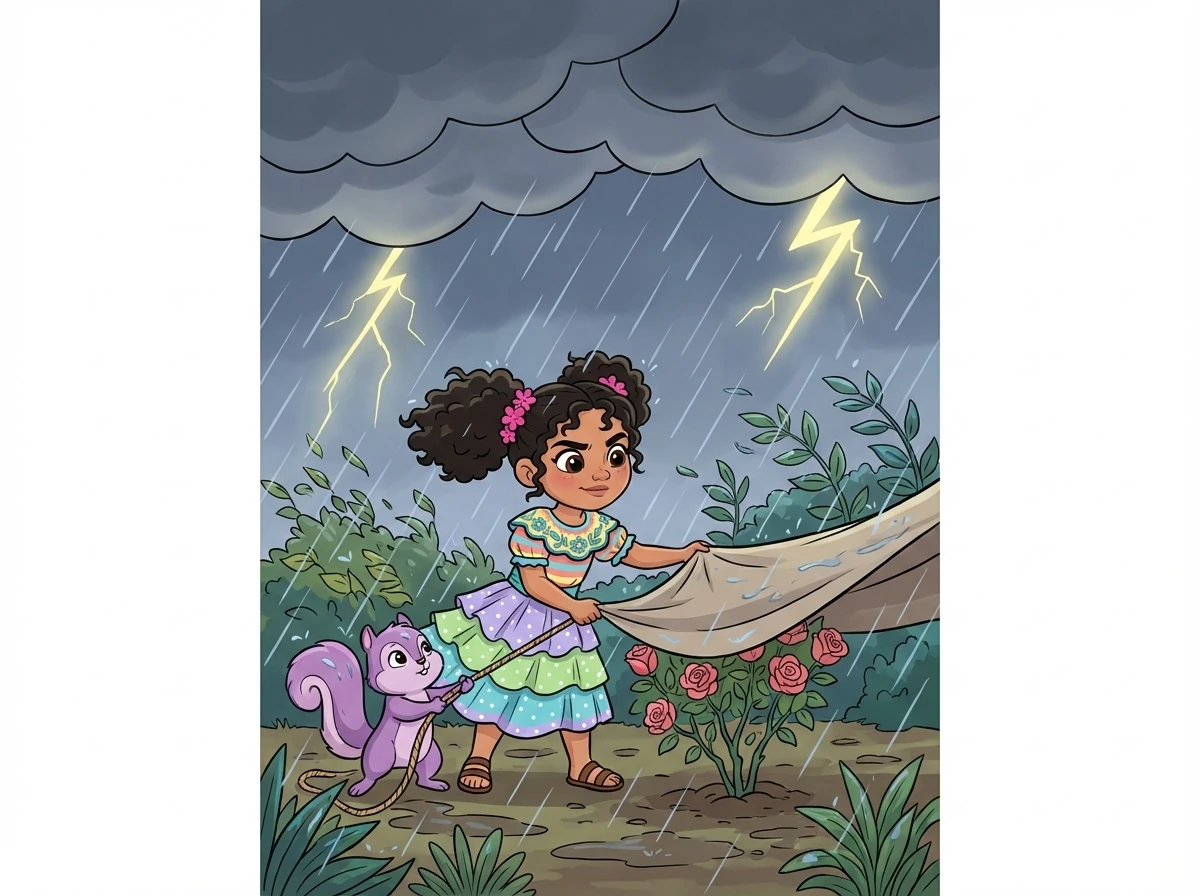 Un día, una tormenta amenazó con destruir el jardín secreto. Sofía y Lila trabajaron juntas para proteger las flores y los árboles, demostrando su gran amistad.