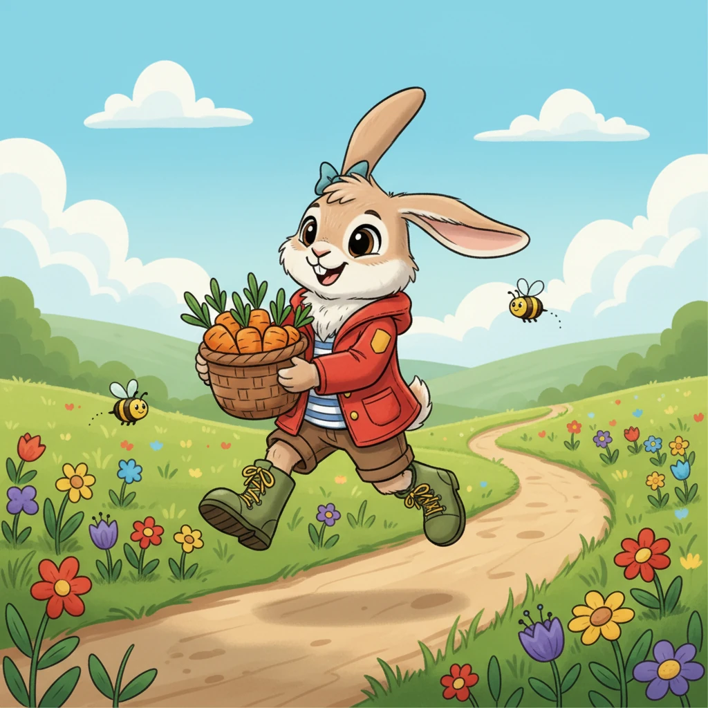 Barnaby the little rabbit hopped through a sun-dappled meadow, his basket overflowing with the juiciest, crispest carrots. He hummed a happy tune, enjoying the warmth of the day and the sweet smell of wildflowers. His long ears twitched, listening to the gentle buzz of bees.