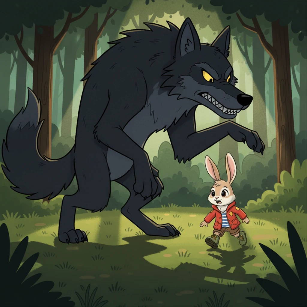 Suddenly, a colossal shadow fell over him. Barnaby froze, his heart thumping like a drum. Standing before him, with gleaming teeth and a hungry growl, was Wolfgang, the biggest, meanest wolf in the entire forest.