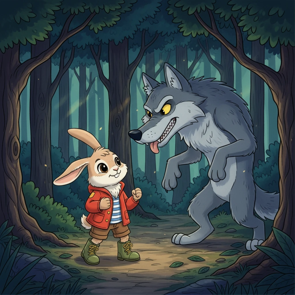 Wolfgang licked his chops, eyeing Barnaby as a tasty treat. Barnaby's knees wobbled, but he remembered his Grandma's stories of clever forest creatures outsmarting bigger foes. He took a deep breath, deciding he wouldn't be scared.