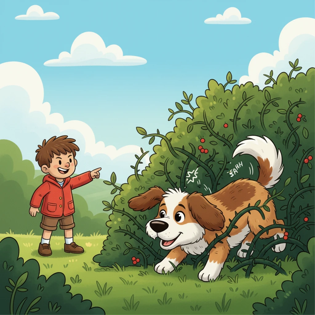 "It's just through there!" Barnaby exclaimed, wiggling his nose. Wolfgang, eager for the promised treat, plunged headfirst into the thorny branches, grunting and snarling as he pushed deeper.