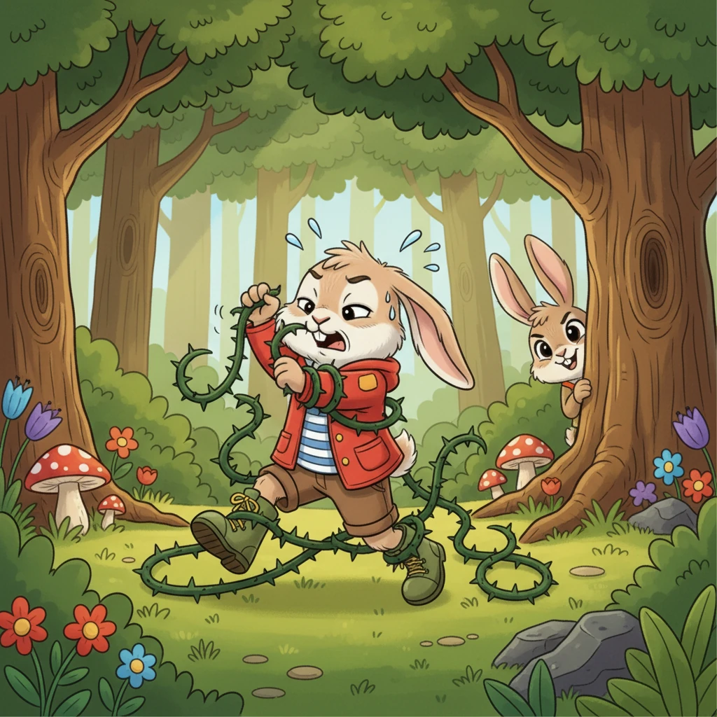 The wolf yelped as thorns pricked his nose and ears, getting hopelessly tangled in the spiky vines. He struggled and twisted, but the more he fought, the more stuck he became. Barnaby watched from a safe distance.