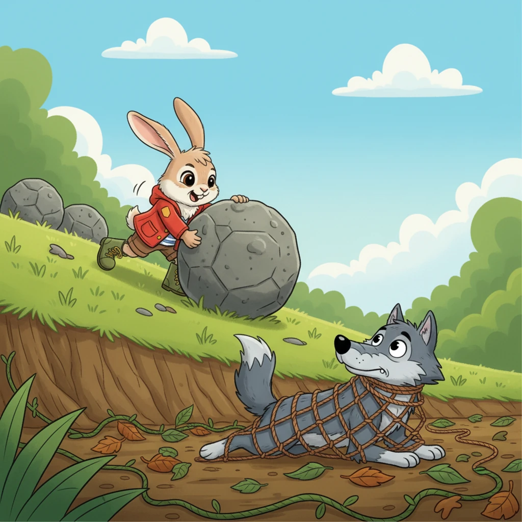 While Wolfgang was hopelessly ensnared, Barnaby quickly gathered several large, round stones from nearby. He carefully rolled them to the top of a small, grassy slope overlooking the trapped wolf.