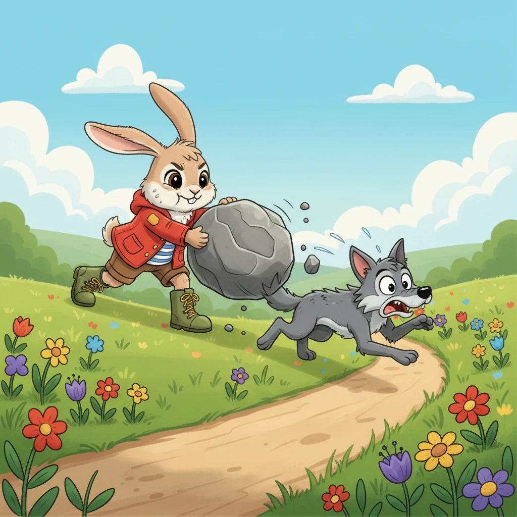 With a mighty push, Barnaby sent the stones tumbling down the hill. They bounced and rolled, narrowly missing Wolfgang's head. The terrified wolf, finally yanking himself free, scrambled away at top speed, vowing never to bother Barnaby again.