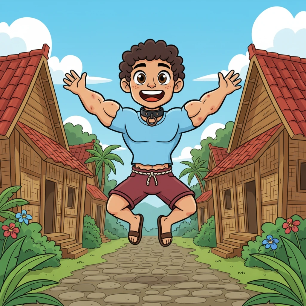 Budi, un niño indonesio con una sonrisa radiante y marcas de nacimiento únicas en su piel morena, salta alegremente por su aldea. A pesar de su pequeña estatura, sus bíceps redondos sobresalen, mostrando su sorprendente fuerza. Siempre está listo para una nueva aventura, con una energía que contagia a todos.