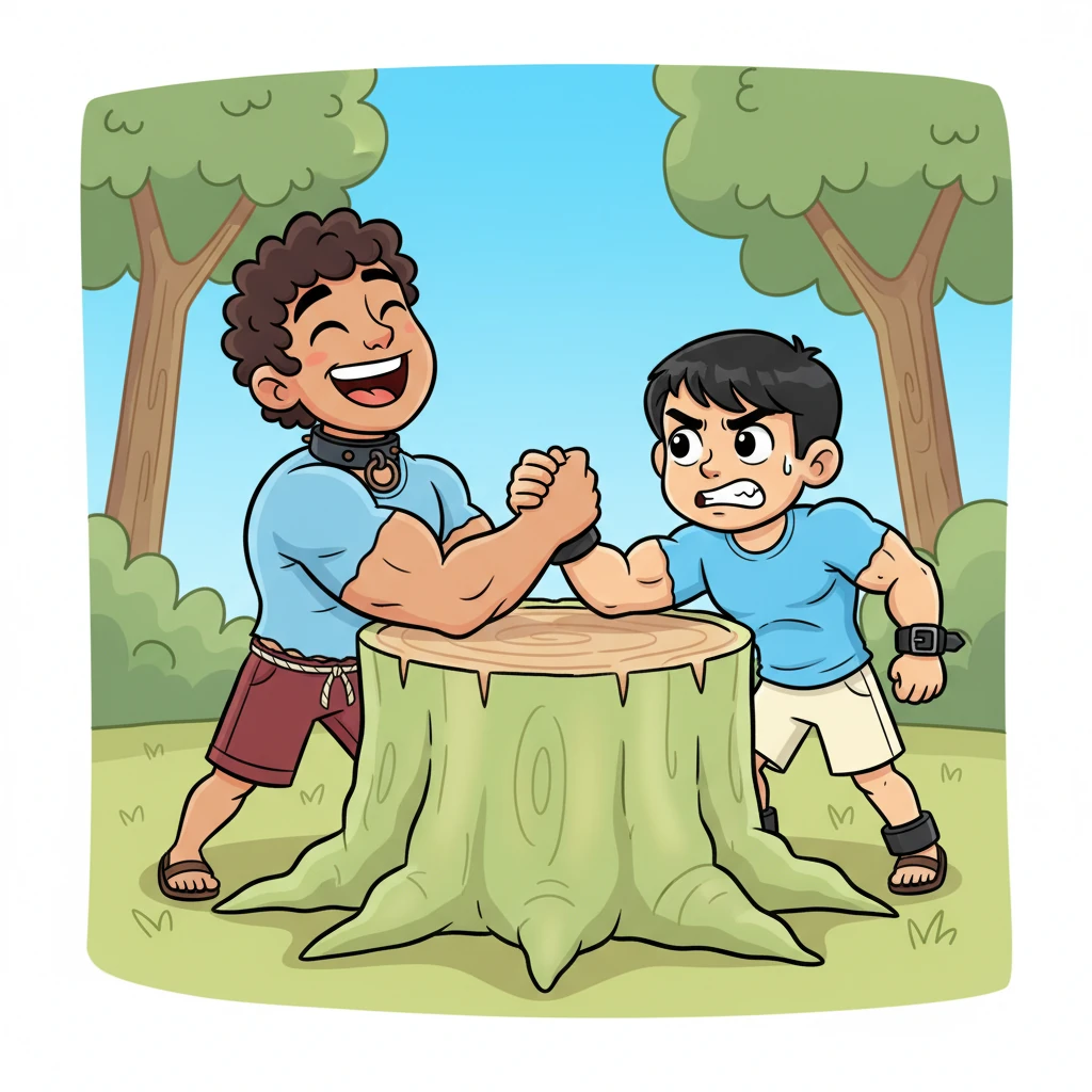 El primer desafío es una lucha de brazos con un tronco de árbol blando y esponjoso. Rocco ríe mientras Budi se esfuerza, sus pequeños músculos tensos y su cara concentrada. Aunque el tronco es enorme, Budi no se rinde, empujando con toda su alma.