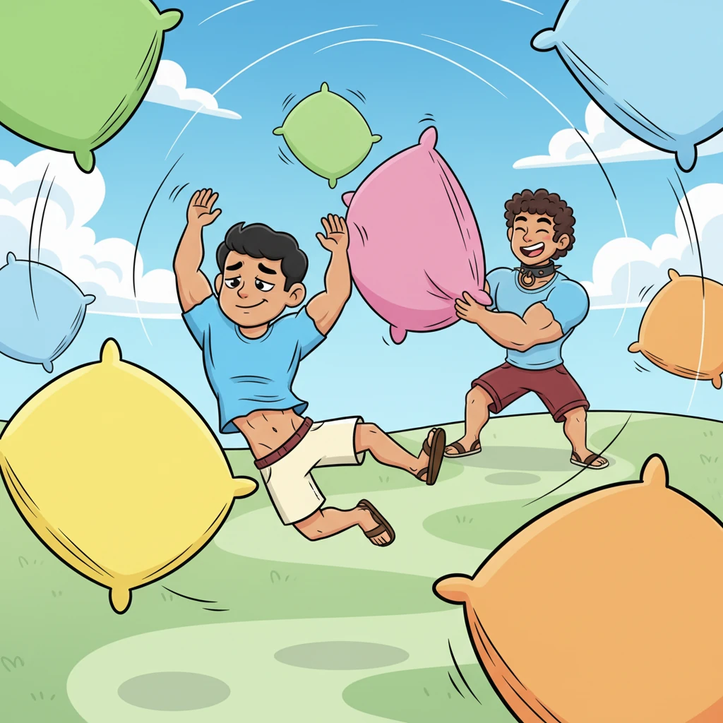 Luego viene el 'laberinto de risa', donde Budi debe esquivar cojines gigantes que Rocco lanza juguetonamente. Budi se mueve con agilidad, su delgada cintura girando y esquivando con gracia. Es una persecución llena de carcajadas y saltos acrobáticos.