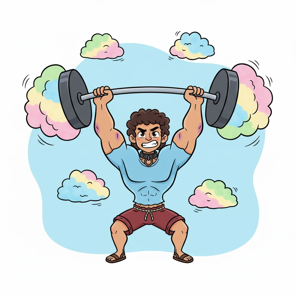 El siguiente 'tormento' es levantar 'pesas' hechas de nubes de algodón gigantes y coloridas. Budi las alza con un gruñido adorable, sus bíceps redondos haciendo un gran esfuerzo. Las nubes se tambalean, pero Budi las mantiene en alto, orgulloso de su fuerza.