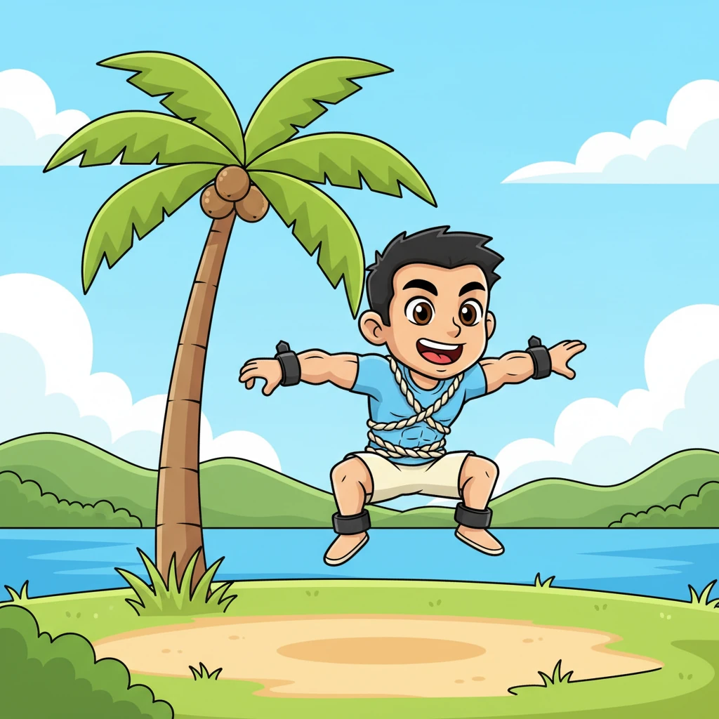 Para el desafío de resistencia, Rocco propone una carrera de saltos de rana alrededor de un cocotero. Budi salta y salta, sus pequeñas piernas trabajando sin parar. Su lengua cuelga un poco, pero su determinación es inquebrantable, con una gran sonrisa en su rostro.