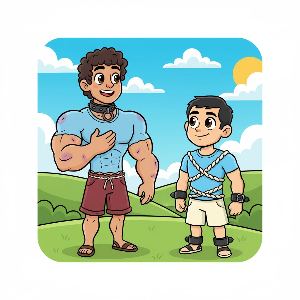 Rocco, con su enorme corazón, observa a Budi con una mezcla de asombro y admiración. No es la fuerza física lo que lo impresiona, sino el espíritu inquebrantable y la actitud positiva de Budi. Una gran sonrisa se extiende por su rostro musculoso.