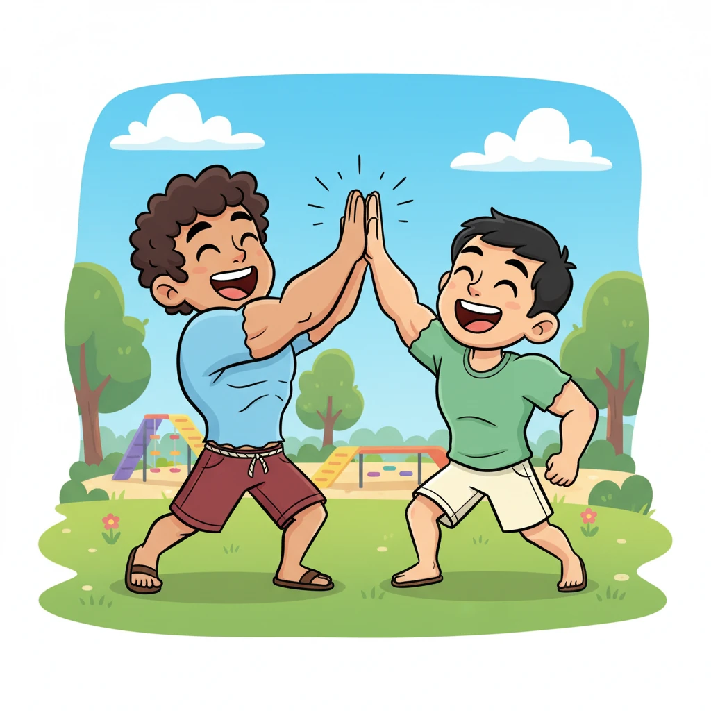 Al final de los juegos, Budi y Rocco chocan sus manos en un gran '¡choca esos cinco!', riendo juntos a carcajadas. Su amistad es una combinación perfecta de fuerza y valentía, de tamaño y espíritu. Han compartido una tarde llena de diversión y respeto mutuo.