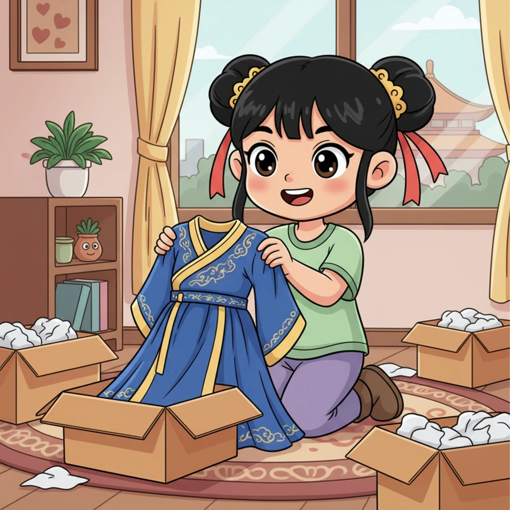 Mei Ling's eyes sparkle with excitement as she carefully unboxes a magnificent, royal blue Hanfu in her cozy Beijing apartment. The fabric shimmers, promising a touch of ancient elegance, making her heart flutter with anticipation for her historical drama dreams to come alive.