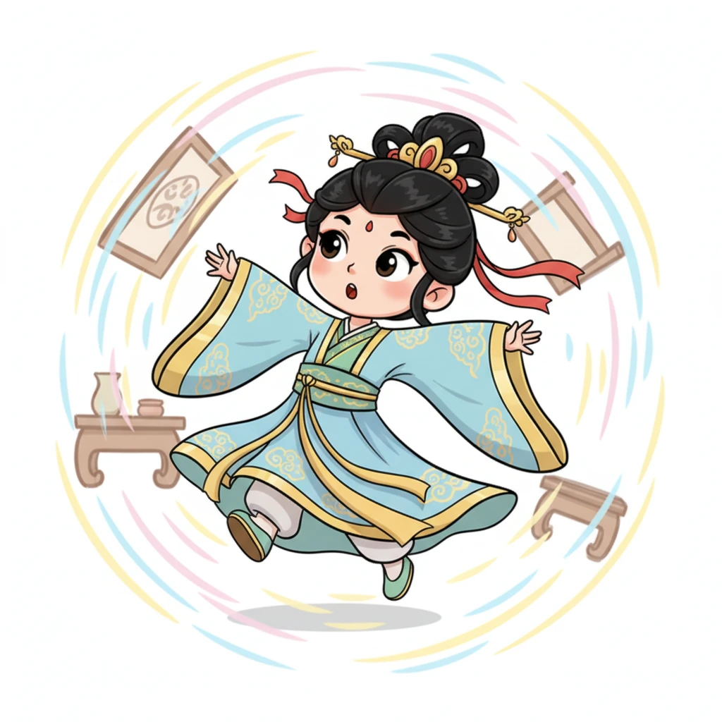 Transformed, Mei Ling spins gracefully in her new Hanfu, her long, luscious hair styled perfectly in a grand Tang Dynasty updo. She twirls faster, admiring her reflection, when suddenly a dizzying sensation overwhelms her, making the room blur and tilt.