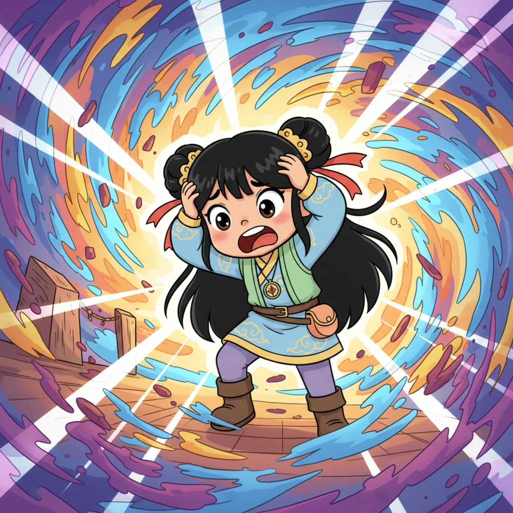 The world around Mei Ling lurches violently, walls shaking and the floor rumbling beneath her feet. A blinding flash of light erupts, engulfing her in a swirling vortex of color and sound, as she clutches her head, wondering what could possibly be happening.
