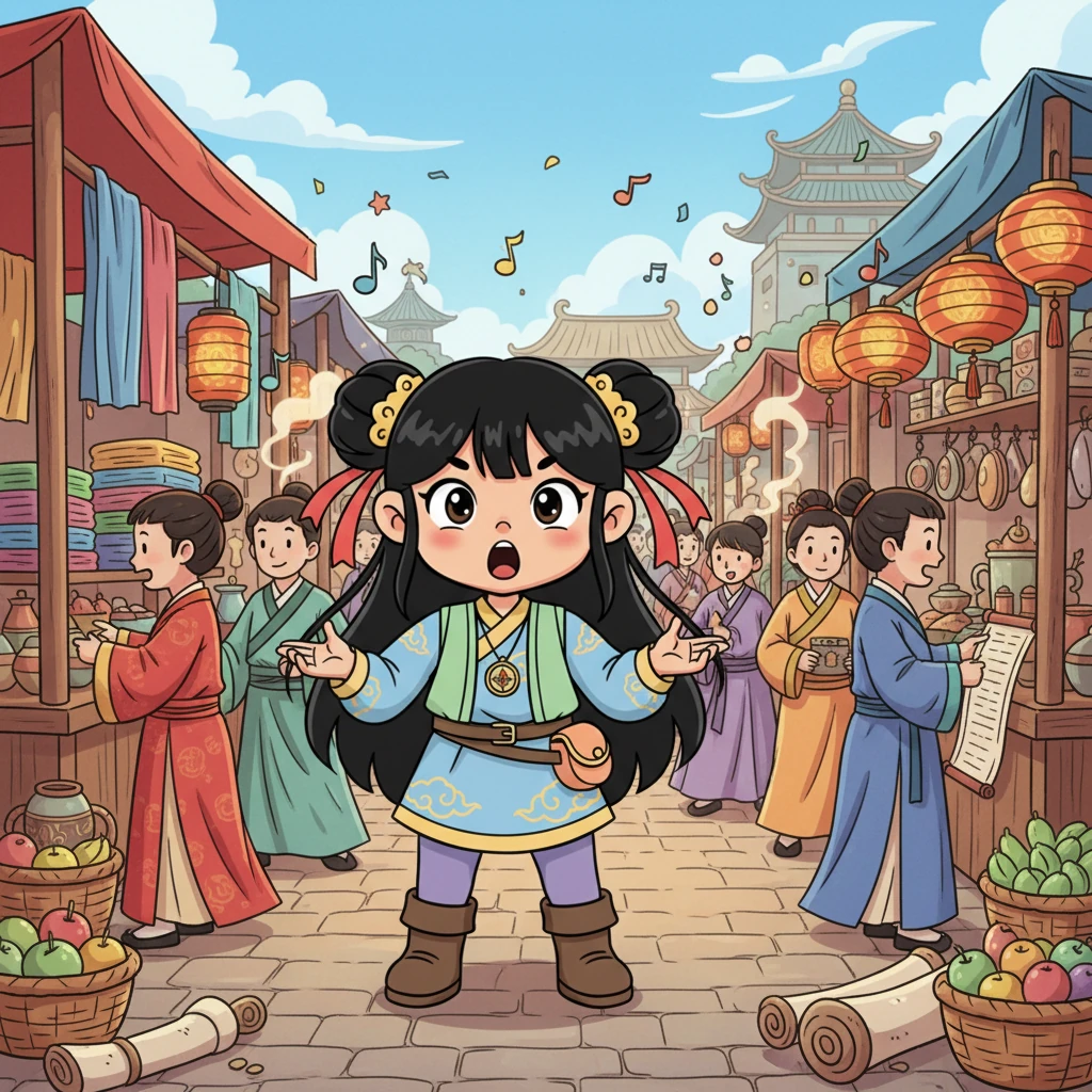 Mei Ling blinks, opening her eyes to a riot of color and bustling activity: a vibrant Tang Dynasty marketplace! People in exquisite traditional robes weave through stalls piled high with exotic goods, and unfamiliar melodies fill the air, leaving her utterly stunned.