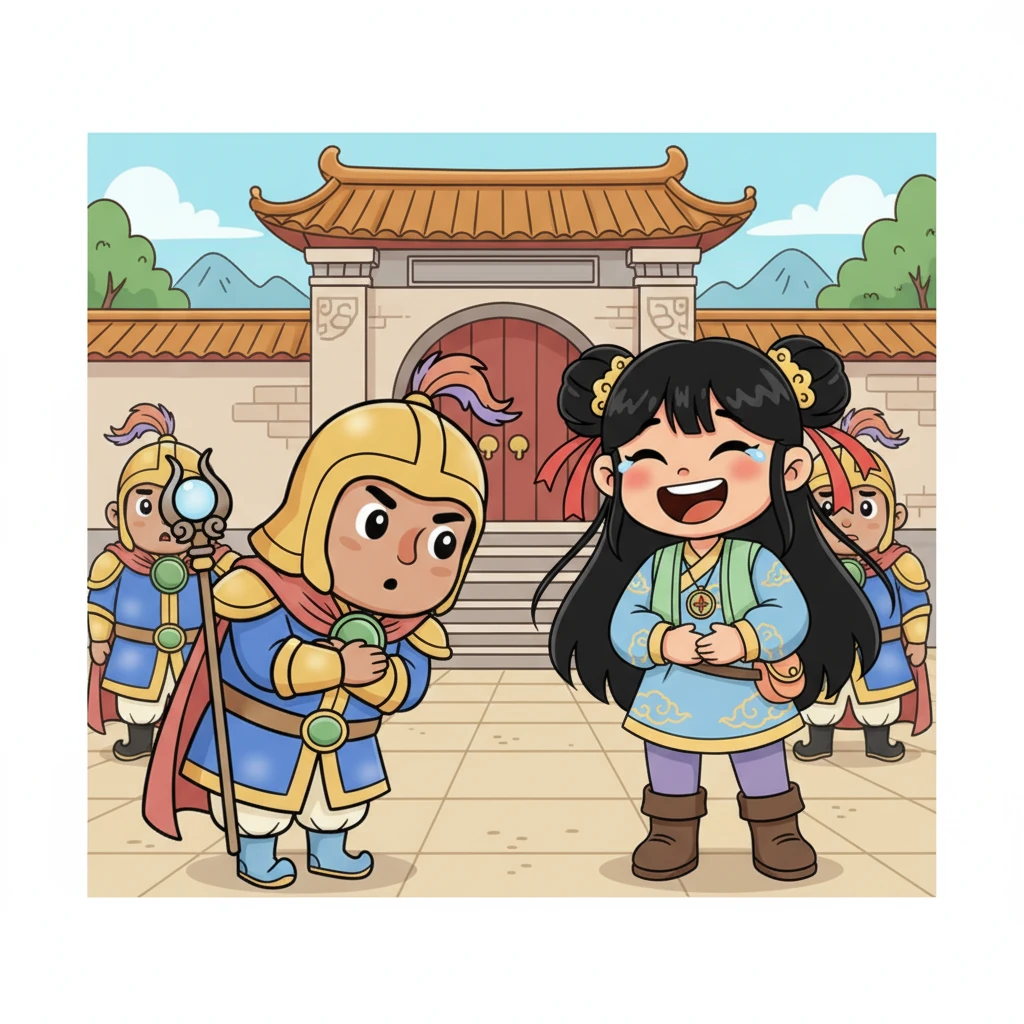 A stern General Zhao Yong, flanked by imposing guards, approaches Mei Ling and bows deeply, proclaiming her the 'Seventh Princess.' Mei Ling bursts into disbelieving laughter, thinking it's an elaborate prank for a TV show, much to the general's bewildered confusion.