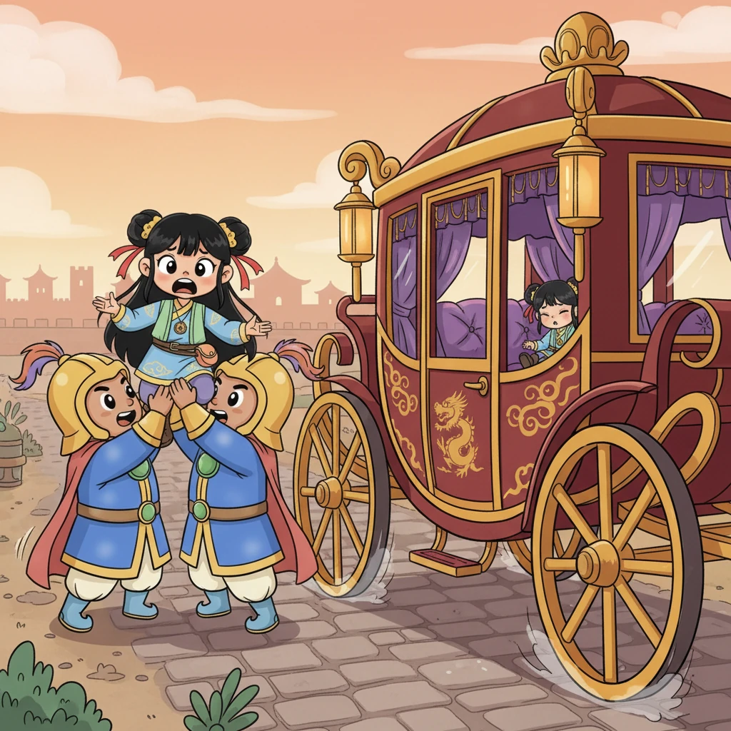 Despite her protests, two guards gently but firmly lift a bewildered Mei Ling and place her inside a grand, opulent royal carriage. She sits amidst plush silks, still reeling from the shock, as the carriage lurches forward, carrying her into the unknown.