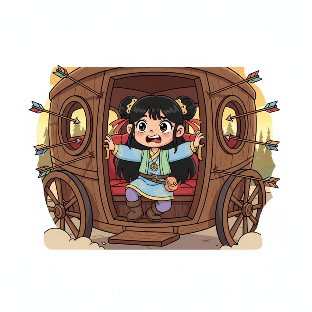 The carriage suddenly halts with a jolt, and frantic shouts of 'BANDITS!' echo through the air. Arrows whiz past the windows with alarming speed, thudding into the carriage walls, sending shivers of fear down Mei Ling's spine.