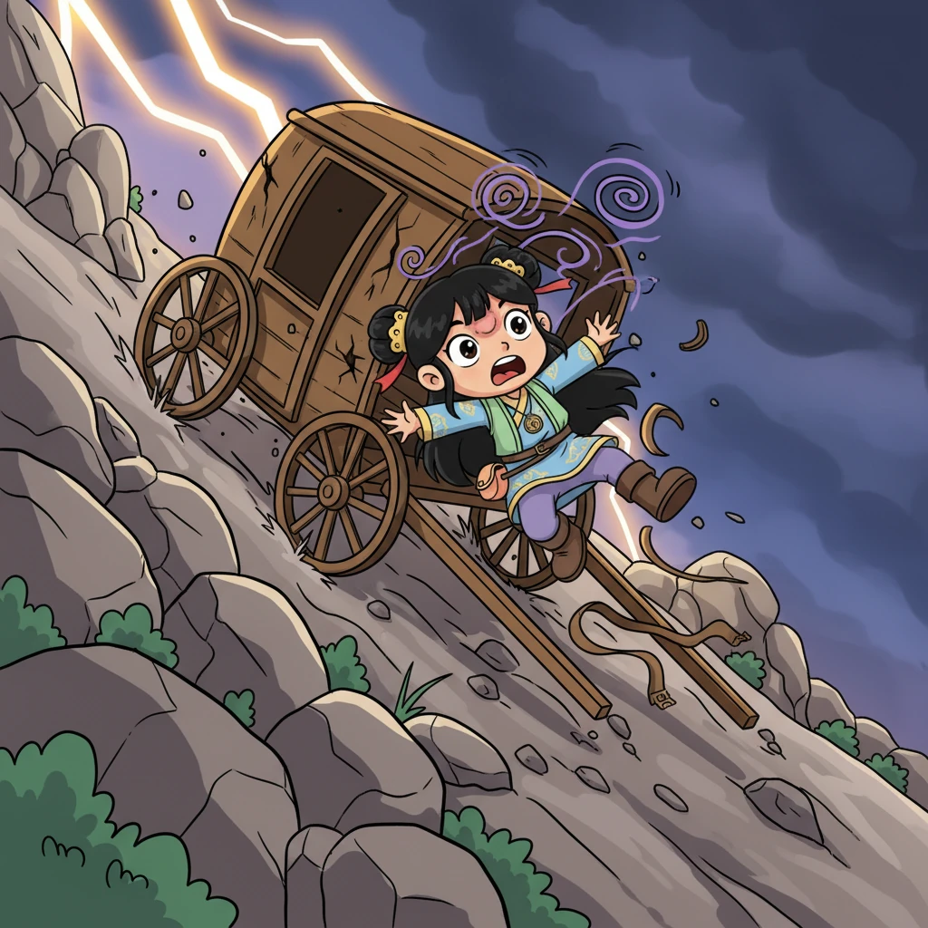 With a terrifying crash, the carriage is struck and tumbles violently onto its side, rolling down a steep, rocky hill. Mei Ling is tossed about inside, hitting her head hard, and a wave of darkness washes over her as she loses consciousness.