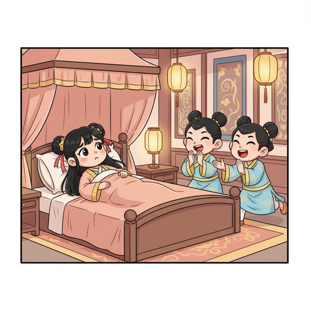 Mei Ling slowly awakens in a sumptuously decorated palace room, dressed in soft, silken robes. Maids rush in, their faces alight with relief, exclaiming loudly, 'The Seventh Princess is awake!' though Mei Ling remembers nothing at all.