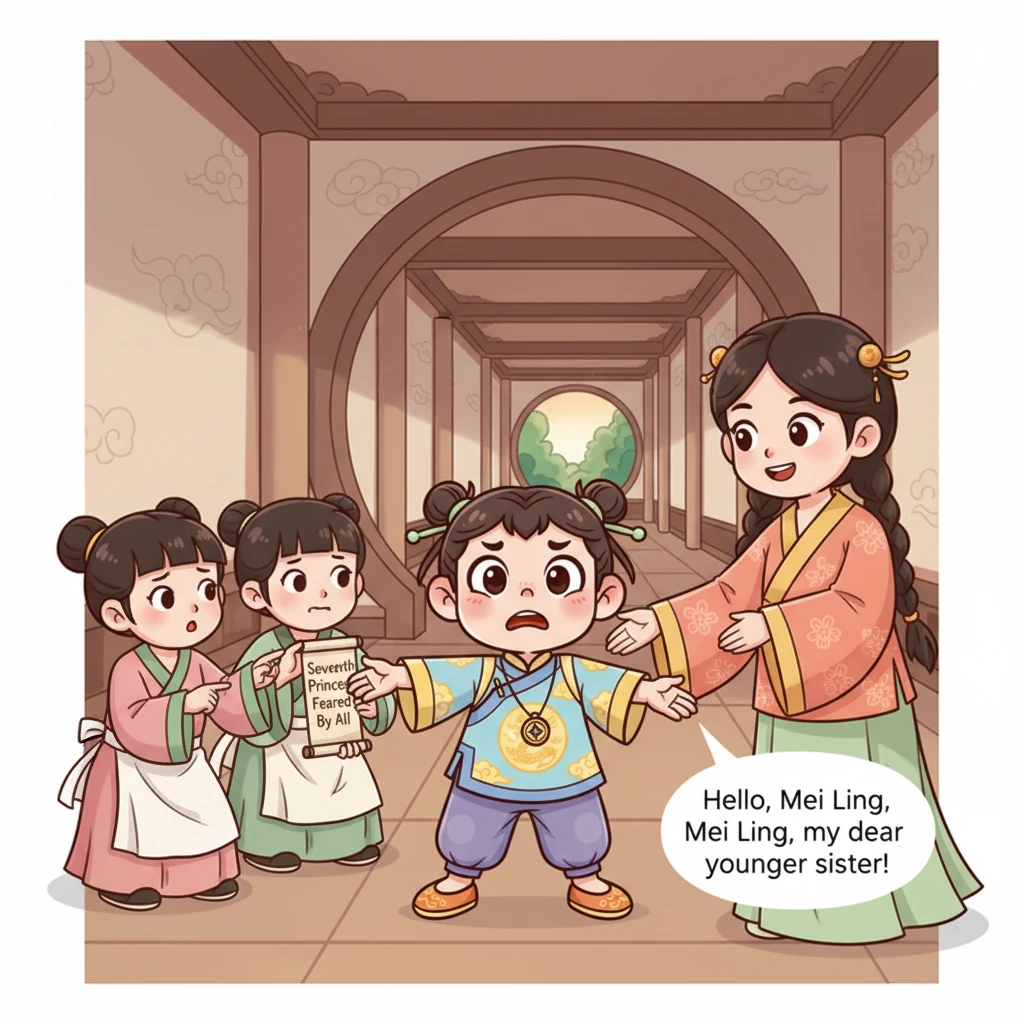 Confused, Mei Ling asks the nervous maids who she is, and they reveal her name is Mei Ling, the 'Seventh Princess, feared by all.' Just then, a kind-faced girl, Li Hua, the Fifth Princess, enters, greeting Mei Ling warmly as her older sister.